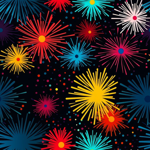 fireworks pattern, black background, bright colors, red fireworks, blue fireworks, yellow fireworks, pink fireworks, cyan bursts, colorful explosions, starburst design, celebration theme, festive pattern,, fabric panel, radiating lines, sparkle dots, night sky, party theme, geometric bursts, vibrant colors