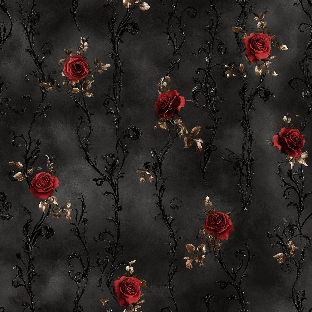 deep red roses, charcoal black, gold accents, dark gray, burgundy flowers, floral pattern, rose motif, vintage style, gothic aesthetic, elegant design, romantic theme, luxurious feel, ornate vines, botanical elements, dark moody, sophisticated, dramatic pattern, climbing vines, nature-inspired, rose garden, timeless design, classic floral, deep jewel tones, ornamental branches, luxury home decor, dramatic florals, moody aesthetic, traditional style
