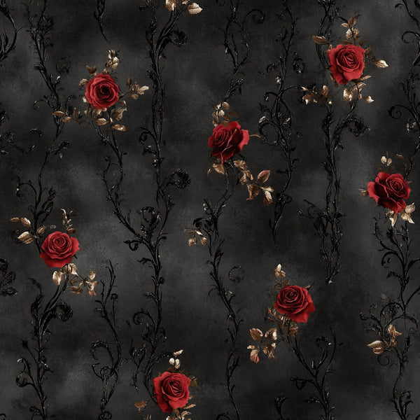 deep red roses, charcoal black, gold accents, dark gray, burgundy flowers, floral pattern, rose motif, vintage style, gothic aesthetic, elegant design, romantic theme, luxurious feel, ornate vines, botanical elements, dark moody, sophisticated, dramatic pattern, climbing vines, nature-inspired, rose garden, timeless design, classic floral, deep jewel tones, ornamental branches, luxury home decor, dramatic florals, moody aesthetic, traditional style