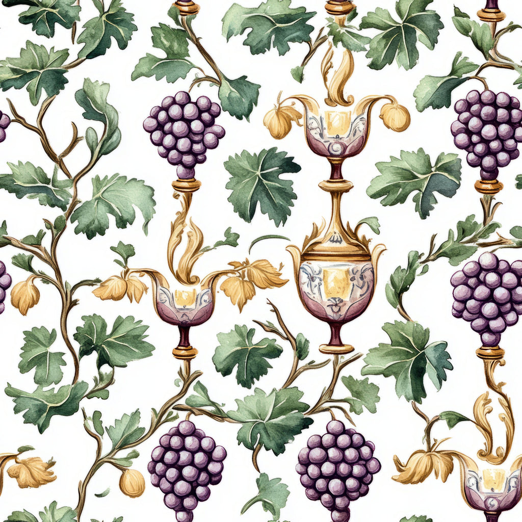 purple grapes, green leaves, wine goblets, grapevines, botanical pattern, watercolor style, white background, vineyard theme, ornate chalices, decorative scrollwork,, fabric panel, wine country, vintage vessels, grape clusters, foliage design, repeating pattern, elegant motifs, winery decor, golden accents