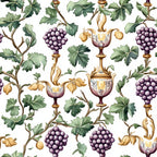 purple grapes, green leaves, wine goblets, grapevines, botanical pattern, watercolor style, white background, vineyard theme, ornate chalices, decorative scrollwork,, fabric panel, wine country, vintage vessels, grape clusters, foliage design, repeating pattern, elegant motifs, winery decor, golden accents