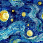 starry night, swirling clouds, yellow stars, deep blue, navy blue, turquoise, celestial scene, night sky, van gogh inspired, post-impressionist style, spiral patterns, luminous moon, twinkling stars, dreamy atmosphere,, fabric panel, artistic design, cosmic theme, flowing brushstrokes, ethereal mood