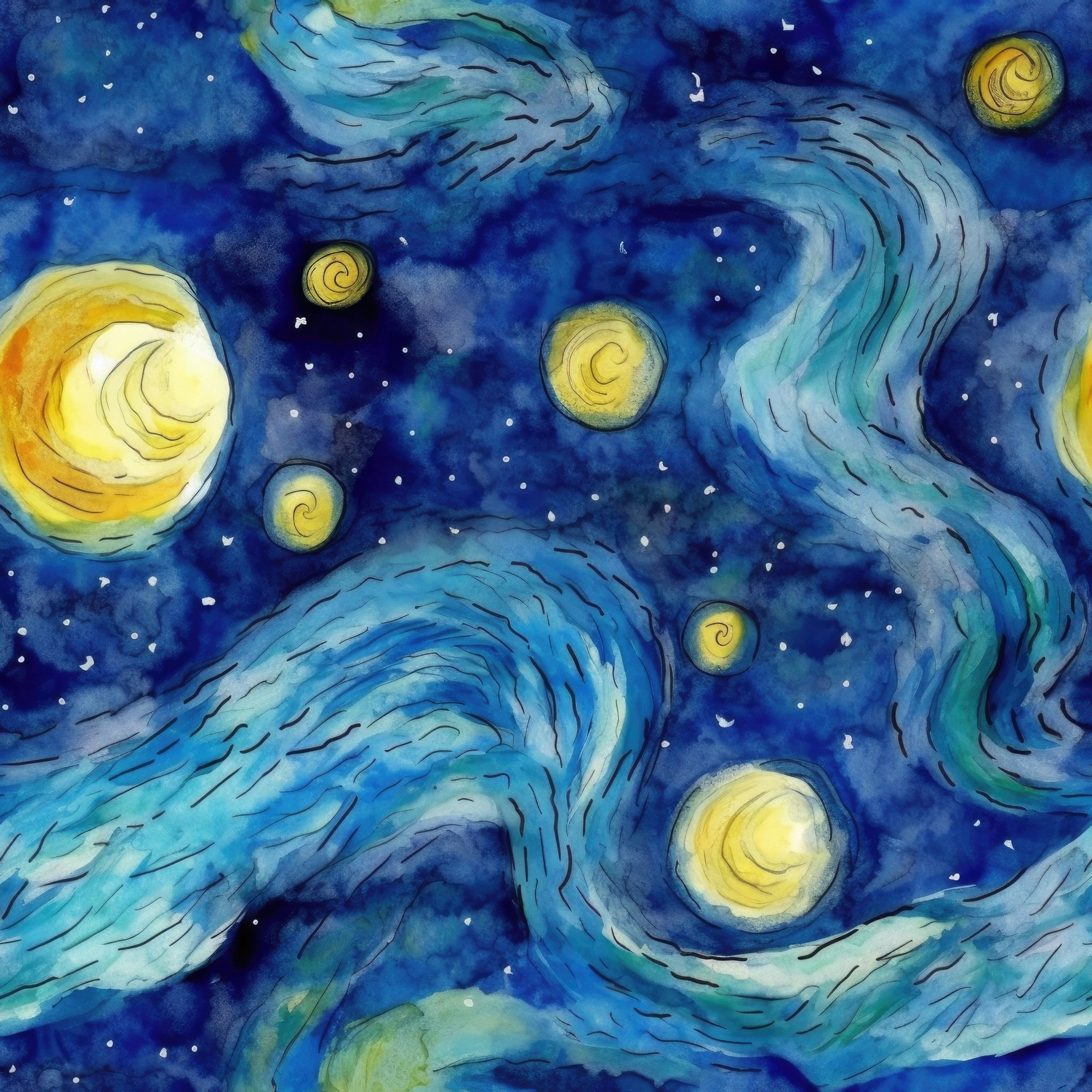 starry night, swirling clouds, yellow stars, deep blue, navy blue, turquoise, celestial scene, night sky, van gogh inspired, post-impressionist style, spiral patterns, luminous moon, twinkling stars, dreamy atmosphere,, fabric panel, artistic design, cosmic theme, flowing brushstrokes, ethereal mood