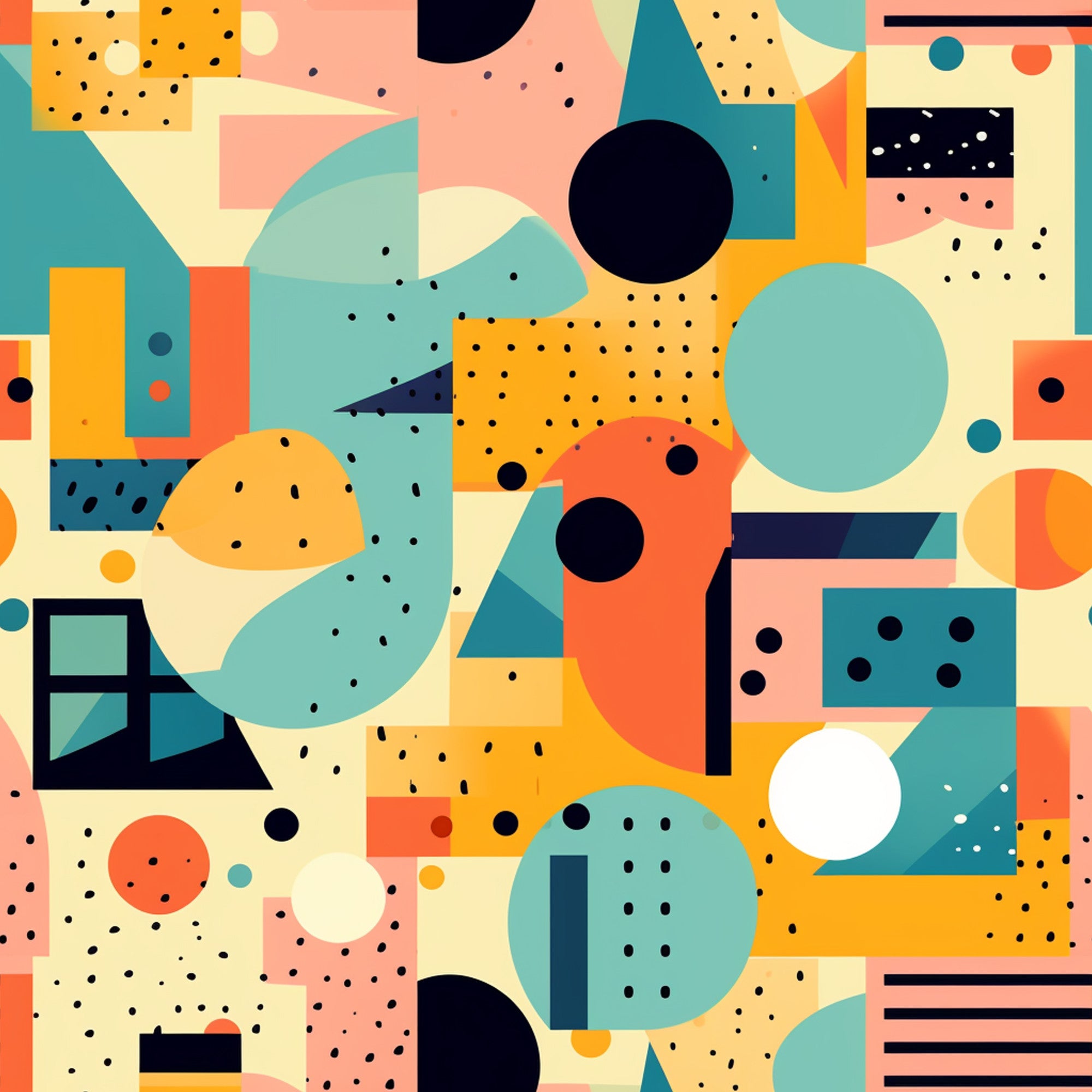 orange, teal, coral, cream, navy blue, yellow, geometric shapes, circles, rectangles, triangles, dots, polka dots, abstract pattern, retro style, groovy design, boho aesthetic, hippie vibe, mid-century modern,, fabric panel, colorful blocks, overlapping elements