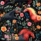 coral pink, golden yellow, forest green, deep black, rust red, cream, vibrant orange, horses, floral, botanical, nature, whimsical, elegant, flowing manes, decorative flowers, daisies, roses, peonies, leaves, branches, fantasy, magical, colorful blooms, equestrian, animal lover, playroom, kids room, nursery, whimsical style, ornate florals