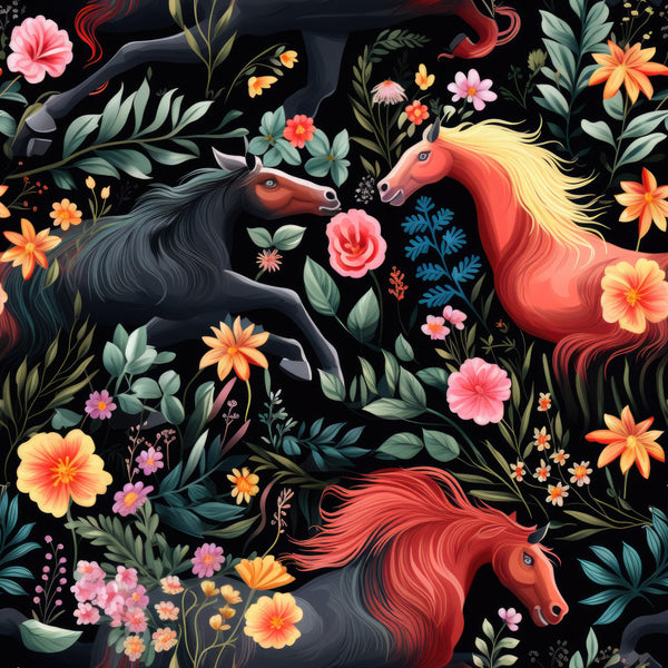 coral pink, golden yellow, forest green, deep black, rust red, cream, vibrant orange, horses, floral, botanical, nature, whimsical, elegant, flowing manes, decorative flowers, daisies, roses, peonies, leaves, branches, fantasy, magical, colorful blooms, equestrian, animal lover, playroom, kids room, nursery, whimsical style, ornate florals