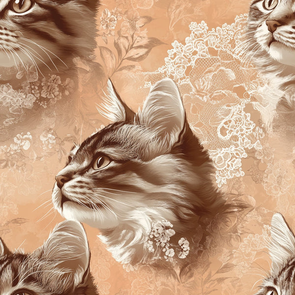 vintage cats, lace patterns,, fabric panel, sepia tones, warm brown, cream colors, tabby cats, floral motifs, ornate lace, realistic cats, nostalgic style, decorative florals, intricate details, soft palette, feline portraits, romantic aesthetic, detailed illustration, crafting fabric, sewing material