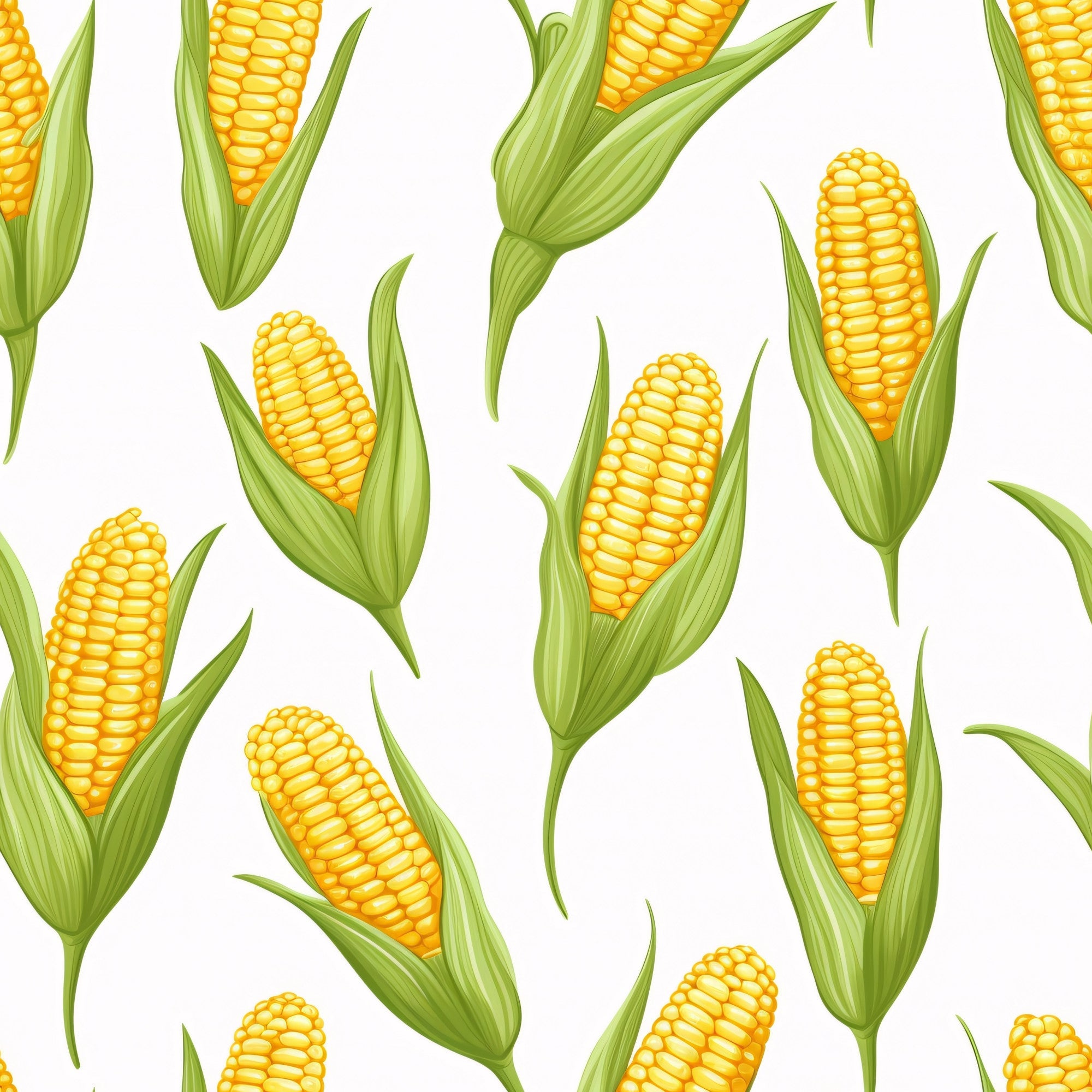 sweet corn, corn cobs, yellow kernels, golden yellow, bright green, green husks, corn leaves, vegetable pattern, food motif, harvest theme, farming imagery, agricultural design, botanical illustration, repeating pattern, seamless design,, fabric panel, summer produce, corn stalks, realistic artwork