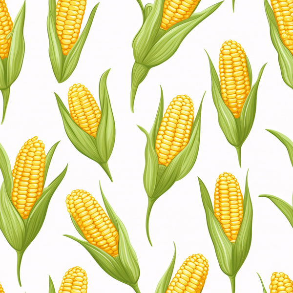 sweet corn, corn cobs, yellow kernels, golden yellow, bright green, green husks, corn leaves, vegetable pattern, food motif, harvest theme, farming imagery, agricultural design, botanical illustration, repeating pattern, seamless design,, fabric panel, summer produce, corn stalks, realistic artwork
