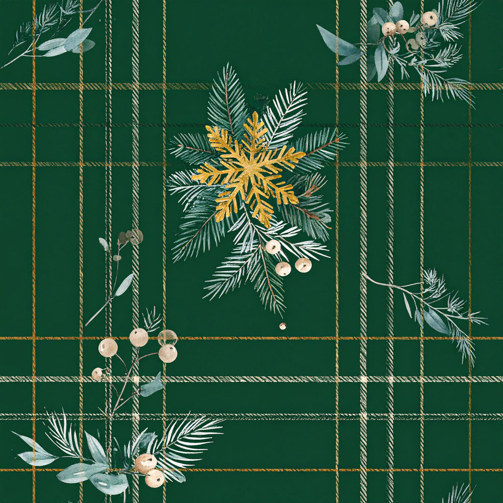 forest green, gold snowflake, plaid, tartan, evergreen branches, winter, holiday, christmas, ivory berries, eucalyptus leaves, pine branches, elegant, festive, sophisticated, nature-inspired, botanical, metallic gold, cream accents, traditional, seasonal, modern holiday, decorative, luxe, festive botanical, natural elements, greenery, dimensional, upscale