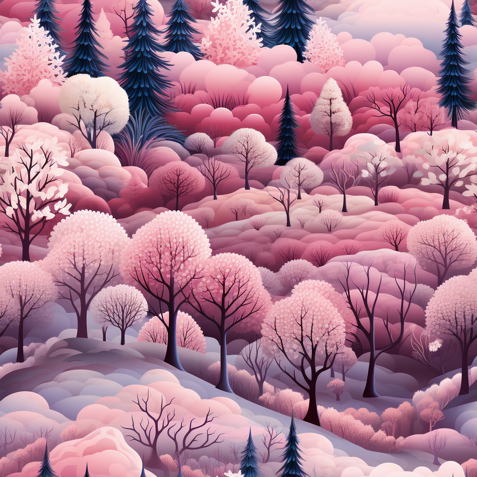pink, coral, mauve, purple, navy blue, winter forest, snow covered trees, evergreen trees, deciduous trees, rolling hills, whimsical landscape, dreamy scenery, soft pastels,, fabric panel, winter wonderland, christmas theme, stylized illustration, serene mood, nature scene