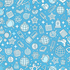 sky blue, white, education icons, school supplies, globes, books, calculators, magnifying glass, atomic symbols, stars, geometric shapes, seamless pattern, line art style, outlined illustrations,, fabric panel, back to school, academic theme, science motifs, scattered design