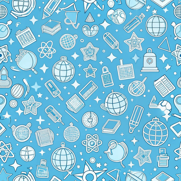 sky blue, white, education icons, school supplies, globes, books, calculators, magnifying glass, atomic symbols, stars, geometric shapes, seamless pattern, line art style, outlined illustrations,, fabric panel, back to school, academic theme, science motifs, scattered design