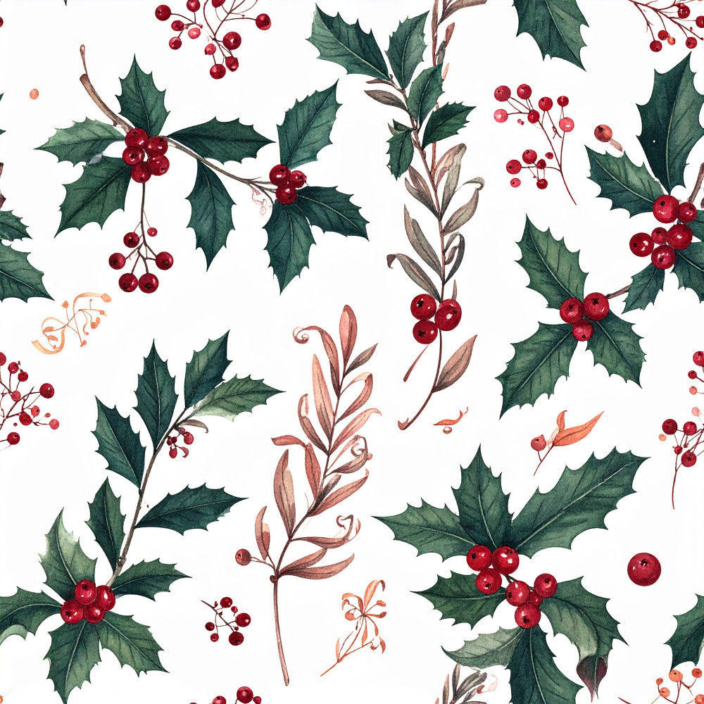 holly leaves, red berries, forest green, deep red, burgundy, cream white, christmas, holiday, winter, festive, botanical, nature, floral, traditional, elegant, rustic, seasonal, decorative branches, berry clusters, sprig pattern, natural elements, vintage, classic, timeless, home decor, nursery, kids room, festive design, winter greenery, red and green