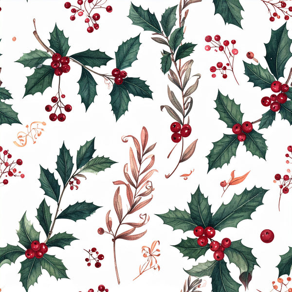 holly leaves, red berries, forest green, deep red, burgundy, cream white, christmas, holiday, winter, festive, botanical, nature, floral, traditional, elegant, rustic, seasonal, decorative branches, berry clusters, sprig pattern, natural elements, vintage, classic, timeless, home decor, nursery, kids room, festive design, winter greenery, red and green