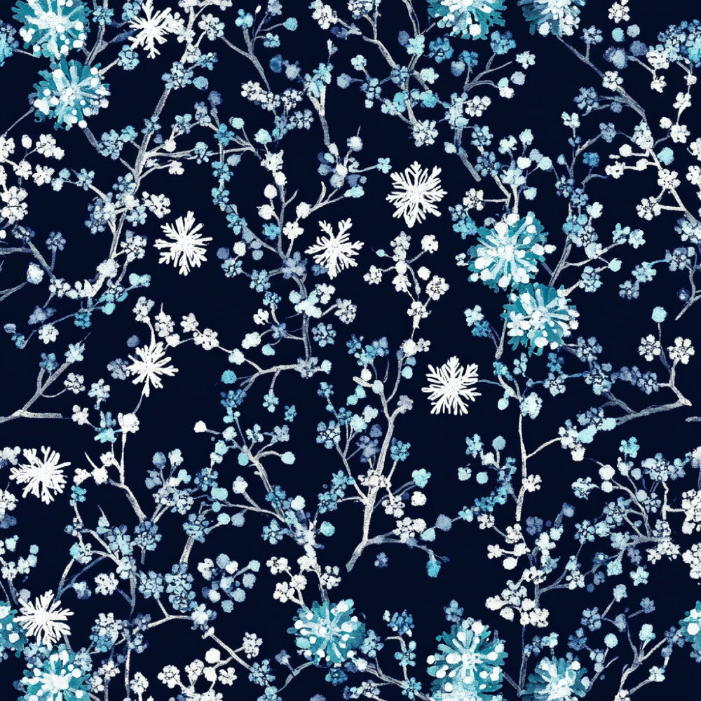 navy blue, white flowers, turquoise, light blue, daisy, floral pattern, botanical, branches, delicate flowers, nature theme, winter, spring, elegant, whimsical, modern floral, celestial feel, garden flowers, scattered florals, baby nursery, kids room, soft aesthetic, dreamy, calming, nature inspired, feminine, romantic style, seasonal, winter florals