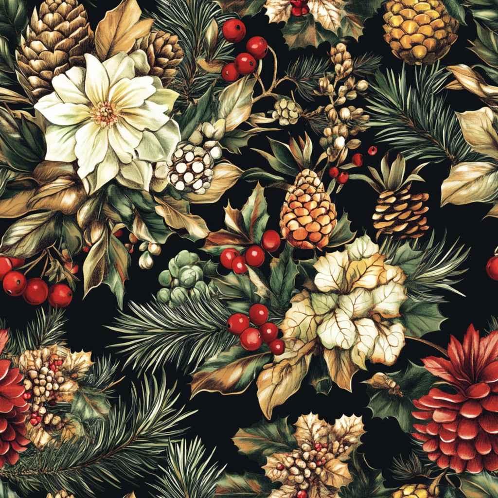 christmas pinecones,, fabric panel, pine needles, red berries, cream flowers, holly leaves, winter botanicals, forest green, golden brown, burgundy red, ivory white, seasonal pattern, holiday motif, natural elements, evergreen branches, festive design, botanical illustration, winter foliage, decorative berries