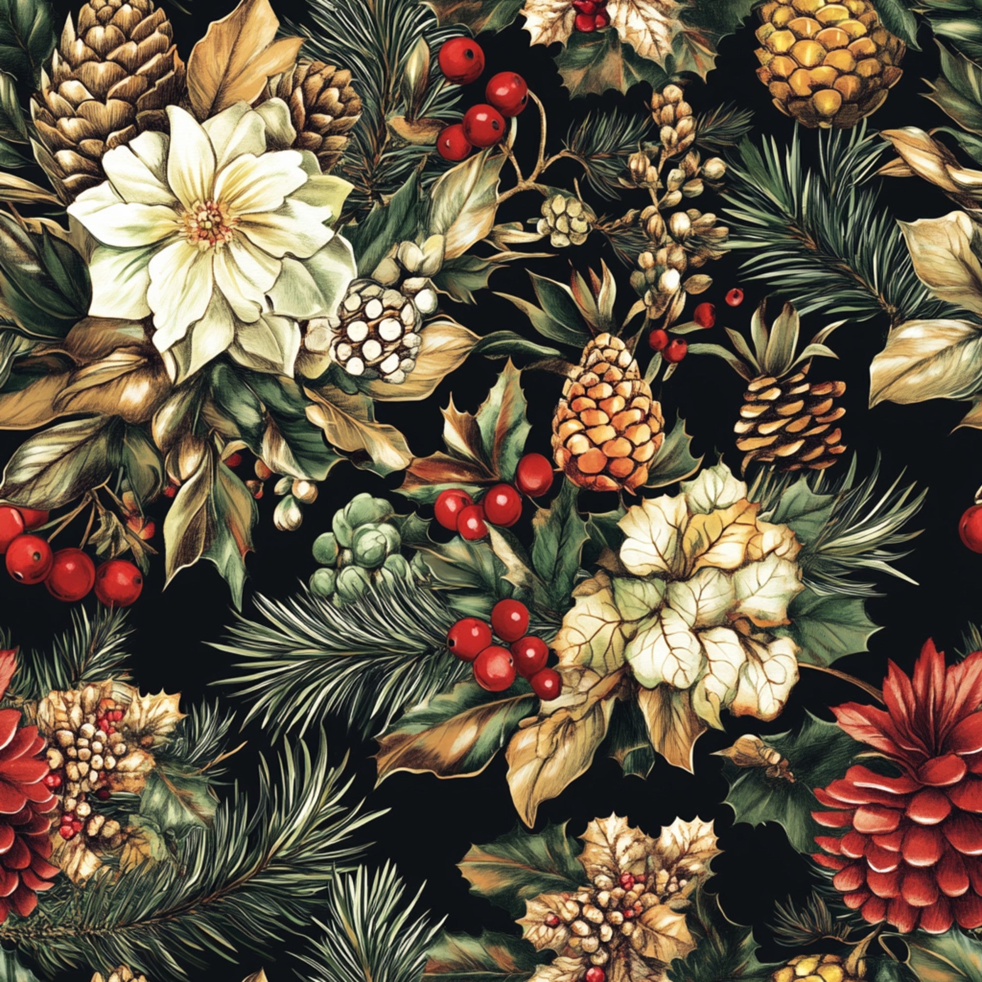 christmas pinecones,, fabric panel, pine needles, red berries, cream flowers, holly leaves, winter botanicals, forest green, golden brown, burgundy red, ivory white, seasonal pattern, holiday motif, natural elements, evergreen branches, festive design, botanical illustration, winter foliage, decorative berries