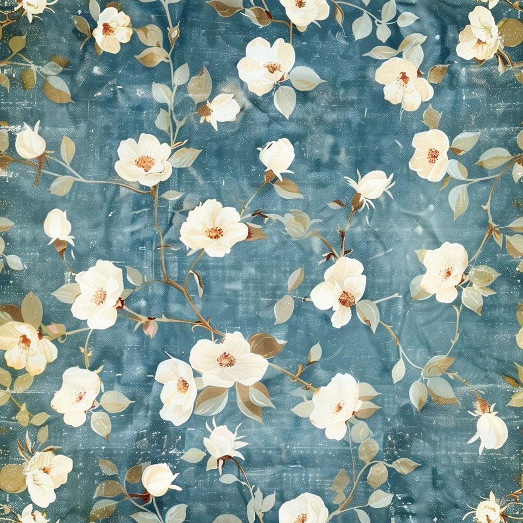 vintage floral, blue background, white flowers, cream blooms, sage green leaves, brown stems, distressed texture, botanical pattern, shabby chic, farmhouse style,, fabric panel, rustic flowers, muted tones, romantic florals, weathered background, cottage core, soft pastels, branching vines, delicate petals