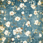 vintage floral, blue background, white flowers, cream blooms, sage green leaves, brown stems, distressed texture, botanical pattern, shabby chic, farmhouse style,, fabric panel, rustic flowers, muted tones, romantic florals, weathered background, cottage core, soft pastels, branching vines, delicate petals