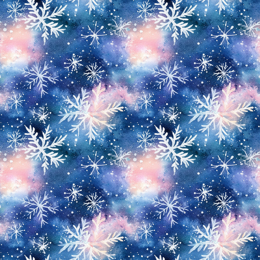 watercolor, blue, pink, purple, snowflakes, winter pattern, christmas fabric,, fabric panel, galaxy background, cosmic colors, repeating pattern, holiday theme, winter wonderland, delicate snowflakes, soft pastels, dreamy atmosphere, seasonal design, cotton fabric, crafting material