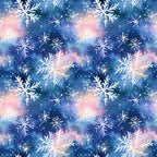 watercolor, blue, pink, purple, snowflakes, winter pattern, christmas fabric,, fabric panel, galaxy background, cosmic colors, repeating pattern, holiday theme, winter wonderland, delicate snowflakes, soft pastels, dreamy atmosphere, seasonal design, cotton fabric, crafting material
