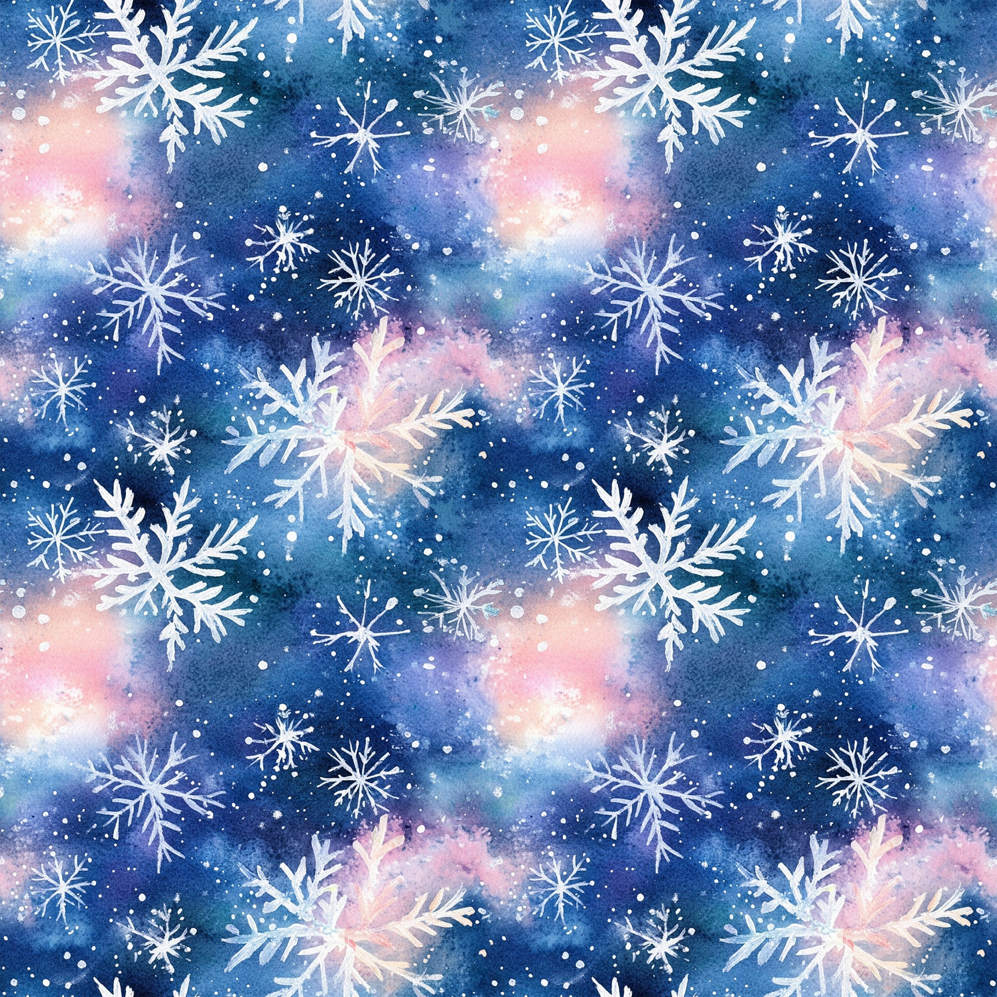 watercolor, blue, pink, purple, snowflakes, winter pattern, christmas fabric,, fabric panel, galaxy background, cosmic colors, repeating pattern, holiday theme, winter wonderland, delicate snowflakes, soft pastels, dreamy atmosphere, seasonal design, cotton fabric, crafting material