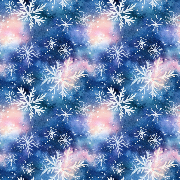 watercolor, blue, pink, purple, snowflakes, winter pattern, christmas fabric,, fabric panel, galaxy background, cosmic colors, repeating pattern, holiday theme, winter wonderland, delicate snowflakes, soft pastels, dreamy atmosphere, seasonal design, cotton fabric, crafting material