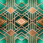 emerald green, copper, gold, bronze, art deco, geometric pattern, diamond shapes, square motifs, symmetrical design, luxury aesthetic, metallic accents, angular lines, repeating pattern,, fabric panel, sophisticated design, jewel tones, ornate geometry, decorative elements, vintage style