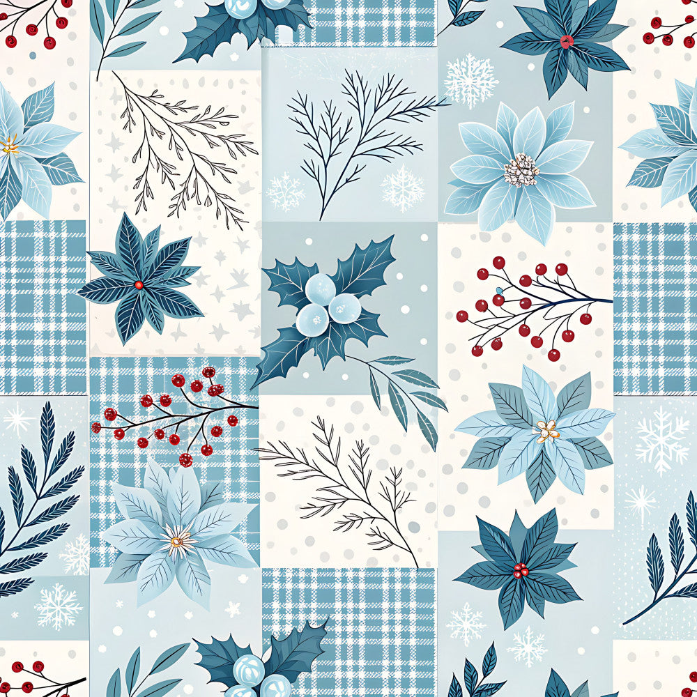 winter floral, blue poinsettia, red berries, holiday, christmas, snow, snowflake, plaid, gingham check, dusty blue, slate blue, navy, cream, white, winter botanical, evergreen branches, holly, festive, elegant, traditional, seasonal, home decor, timeless, nature inspired, berry branches, winter foliage, classic holiday, cool tones, geometric plaid