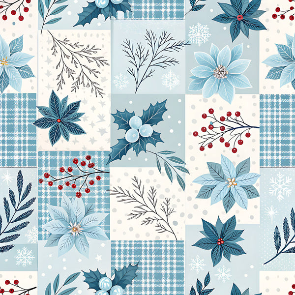 winter floral, blue poinsettia, red berries, holiday, christmas, snow, snowflake, plaid, gingham check, dusty blue, slate blue, navy, cream, white, winter botanical, evergreen branches, holly, festive, elegant, traditional, seasonal, home decor, timeless, nature inspired, berry branches, winter foliage, classic holiday, cool tones, geometric plaid