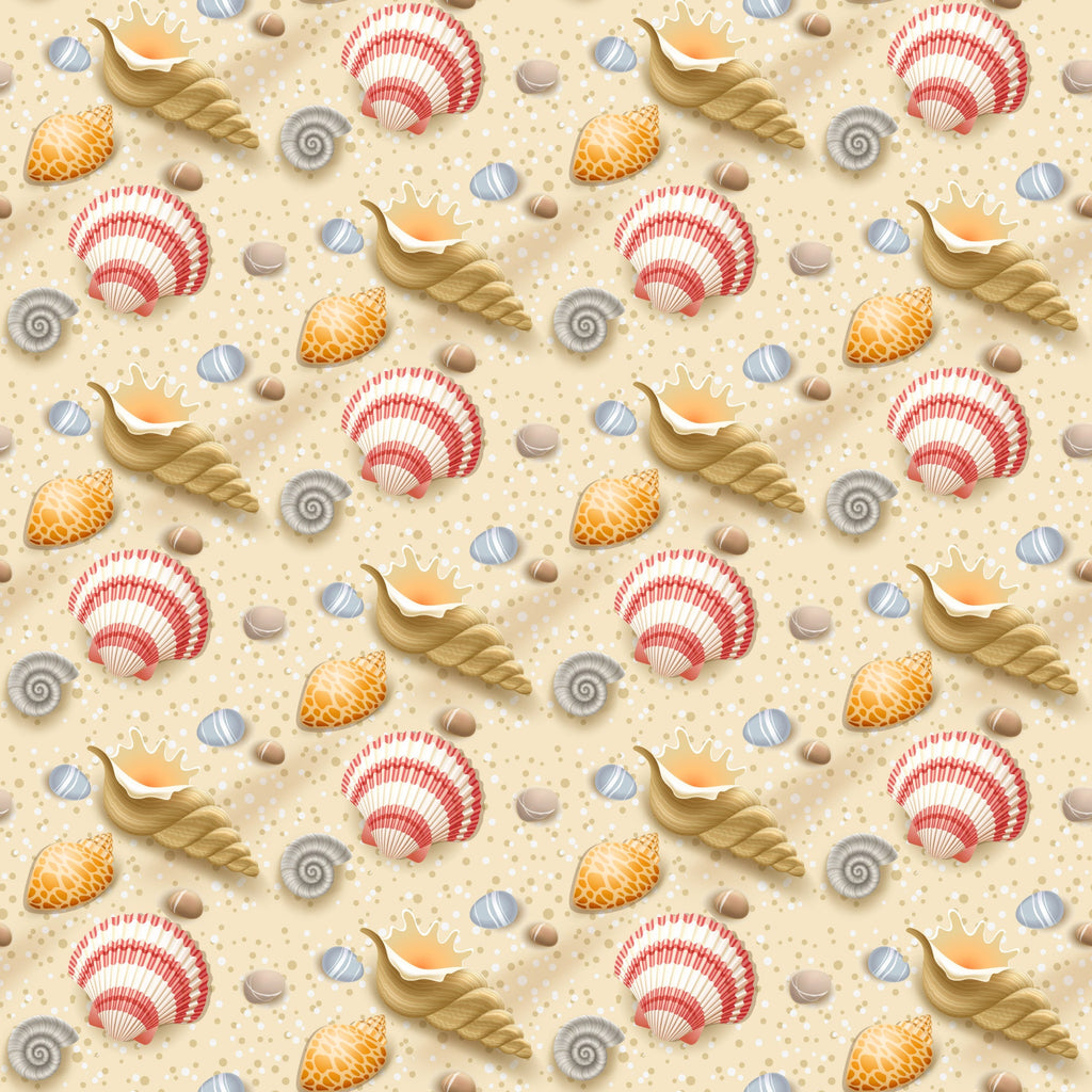 seashells, conch shells, scallop shells, spiral shells, sandy beige, coral red, orange, blue striped, nautical pattern, beach theme, summer motif, ocean shells, seaside design, repeating pattern,, fabric panel, marine life, coastal style, shell collection, dotted sand texture