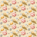 seashells, conch shells, scallop shells, spiral shells, sandy beige, coral red, orange, blue striped, nautical pattern, beach theme, summer motif, ocean shells, seaside design, repeating pattern,, fabric panel, marine life, coastal style, shell collection, dotted sand texture
