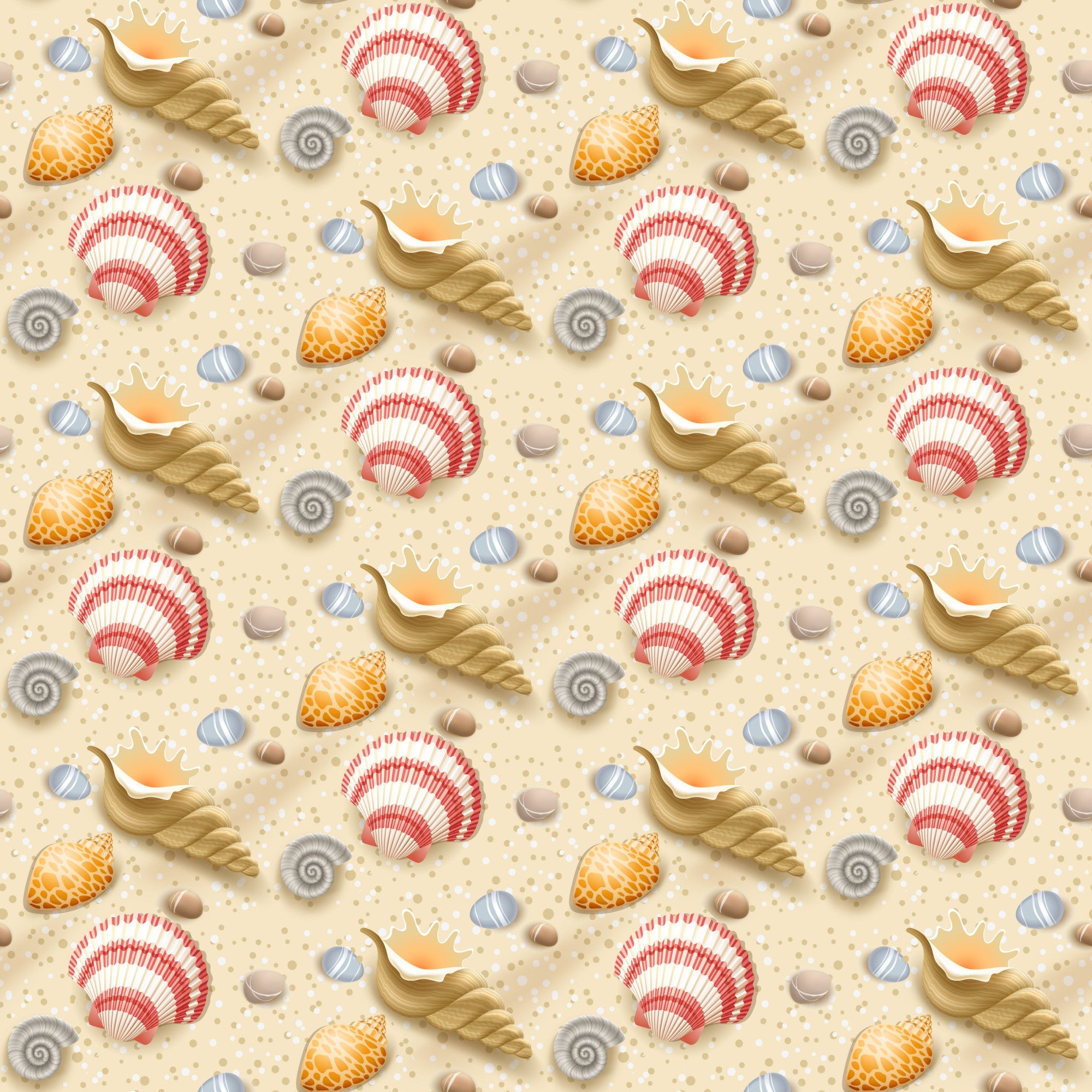 seashells, conch shells, scallop shells, spiral shells, sandy beige, coral red, orange, blue striped, nautical pattern, beach theme, summer motif, ocean shells, seaside design, repeating pattern,, fabric panel, marine life, coastal style, shell collection, dotted sand texture
