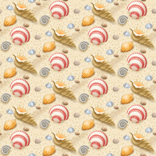 seashells, conch shells, scallop shells, spiral shells, sandy beige, coral red, orange, blue striped, nautical pattern, beach theme, summer motif, ocean shells, seaside design, repeating pattern,, fabric panel, marine life, coastal style, shell collection, dotted sand texture