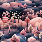 pink, coral, navy blue, winter landscape, rolling hills, bare trees, evergreen trees, cherry blossoms, stylized flowers, geometric patterns, whimsical illustration, dreamy atmosphere,, fabric panel, winter wonderland, layered design, soft pastels, nature scene, decorative elements, modern art style