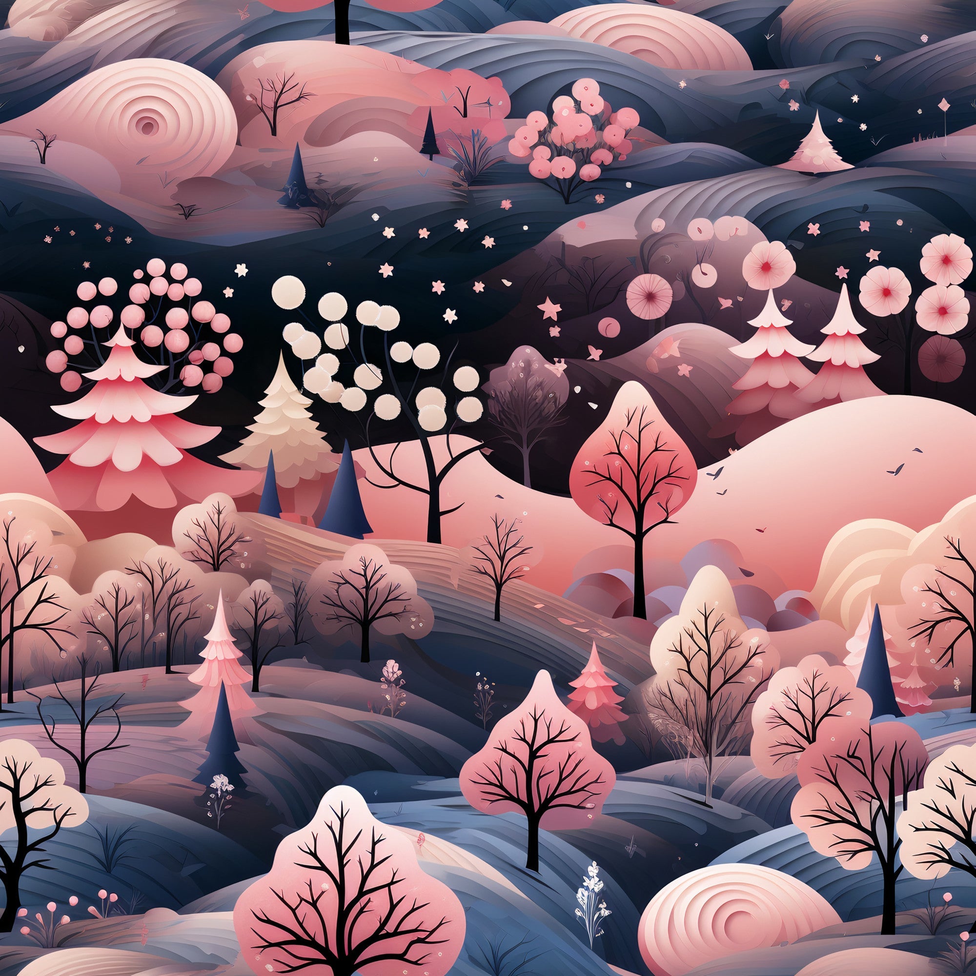 pink, coral, navy blue, winter landscape, rolling hills, bare trees, evergreen trees, cherry blossoms, stylized flowers, geometric patterns, whimsical illustration, dreamy atmosphere,, fabric panel, winter wonderland, layered design, soft pastels, nature scene, decorative elements, modern art style