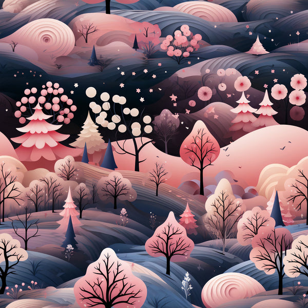 pink, coral, navy blue, winter landscape, rolling hills, bare trees, evergreen trees, cherry blossoms, stylized flowers, geometric patterns, whimsical illustration, dreamy atmosphere,, fabric panel, winter wonderland, layered design, soft pastels, nature scene, decorative elements, modern art style