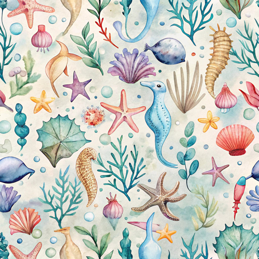 watercolor style, sea creatures, starfish, seahorse, coral, seashells, ocean life, marine animals, underwater scene, turquoise, coral pink, purple, teal, aqua blue, sandy beige,, fabric panel, whimsical pattern, sea plants, jellyfish, nautical theme, ocean botanical, soft pastels