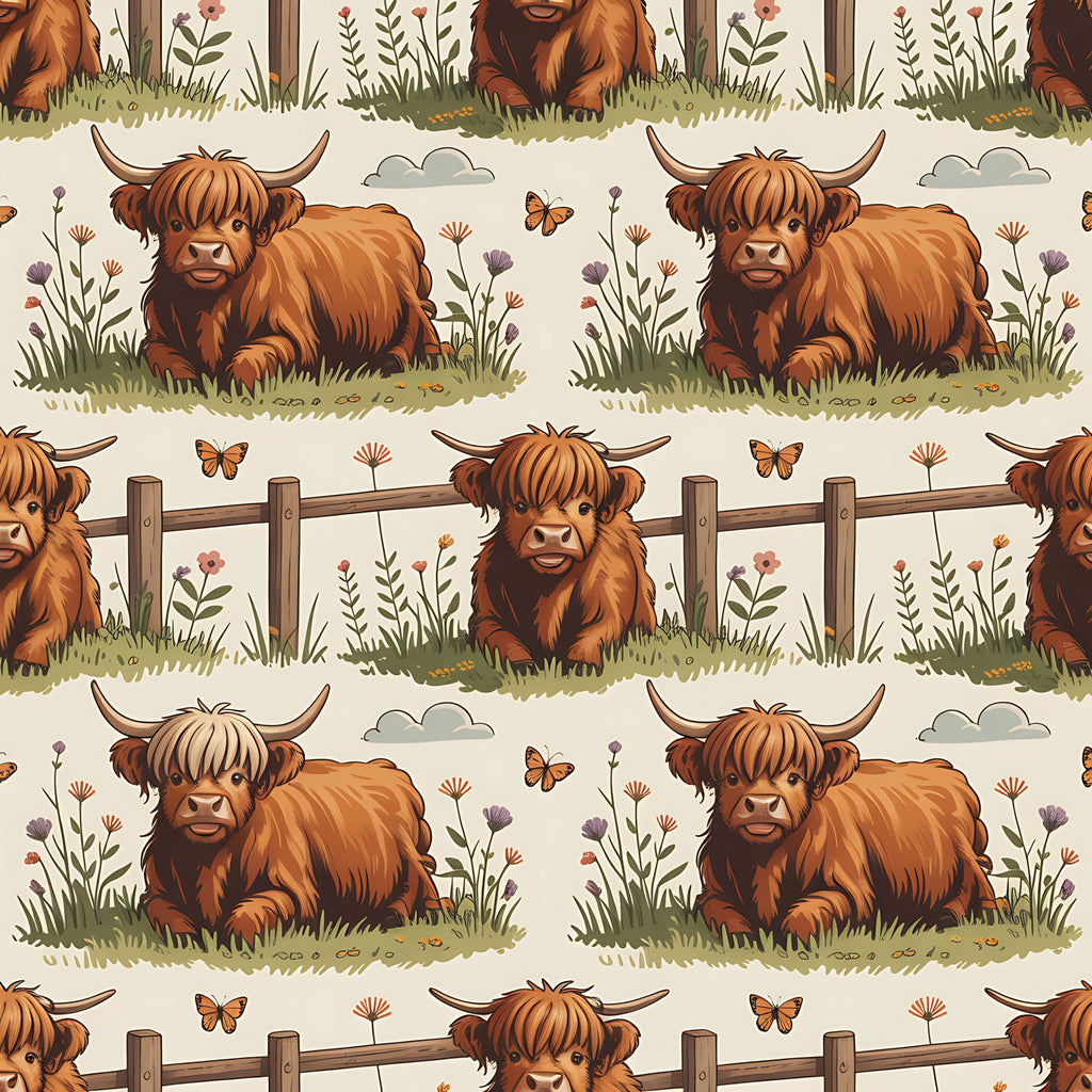 cartoon highland cows, orange brown fur, pastoral scene, wooden fence, wildflowers, butterflies, green grass, beige background,, fabric panel, repeating pattern, farm animals, countryside, whimsical illustration, horned cattle, meadow flowers, rustic charm, nature scene, children's fabric, craft material