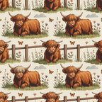 cartoon highland cows, orange brown fur, pastoral scene, wooden fence, wildflowers, butterflies, green grass, beige background,, fabric panel, repeating pattern, farm animals, countryside, whimsical illustration, horned cattle, meadow flowers, rustic charm, nature scene, children's fabric, craft material