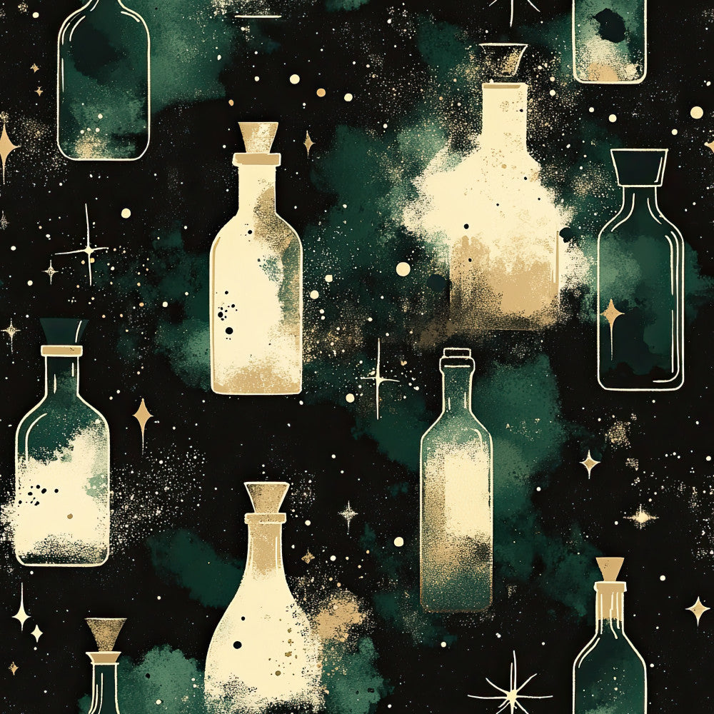 forest green, deep emerald, cream, ivory, gold, celestial, mystical, magical, starry night, potion bottles, alchemy, witchy, enchanted, stars, sparkles, shimmer, glitter, dark academia, vintage apothecary, gothic, whimsical, elegant, modern, abstract, constellation, mystique, magical realism, fantasy, spell-themed, nighttime