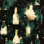 forest green, deep emerald, cream, ivory, gold, celestial, mystical, magical, starry night, potion bottles, alchemy, witchy, enchanted, stars, sparkles, shimmer, glitter, dark academia, vintage apothecary, gothic, whimsical, elegant, modern, abstract, constellation, mystique, magical realism, fantasy, spell-themed, nighttime