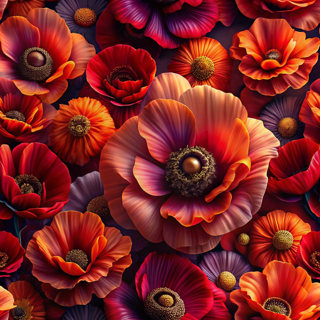 fabric panel, realistic flowers, floral pattern, burgundy, coral, orange, purple, magenta, poppy flowers, layered petals, botanical design, warm colors, rich tones, detailed centers, overlapping blooms, vibrant hues, flower heads, artistic florals, seamless pattern