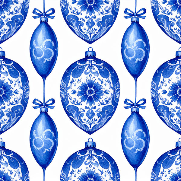 royal blue, cobalt blue, white, delft blue, floral, damask, ornamental, baroque, vintage, elegant, traditional, classic, ornaments, baubles, christmas, holiday, festive, decorative, sophisticated, timeless, botanical, flowers, daisies, scrollwork, filigree, formal, refined, upscale
