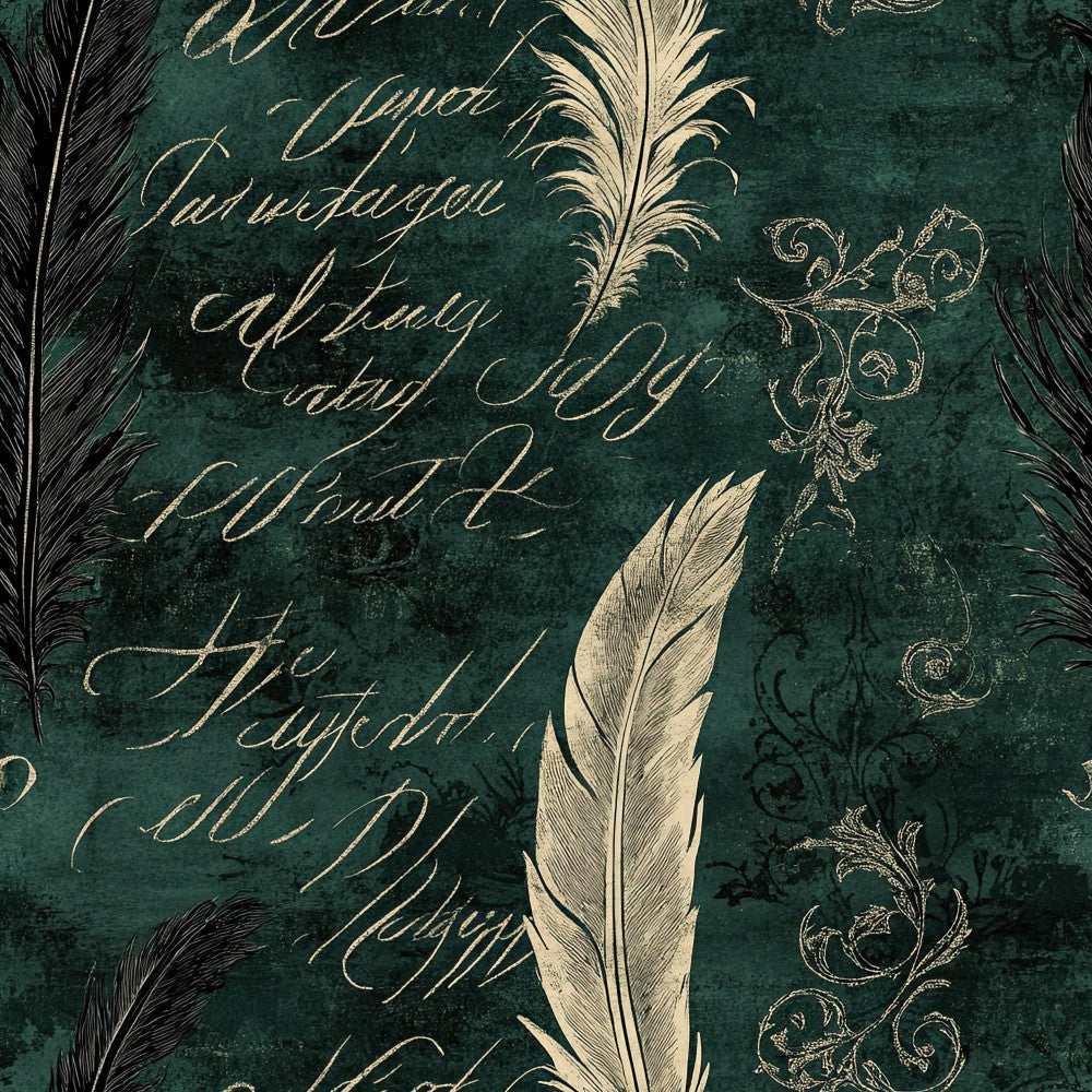 forest green, teal, cream, gold, vintage script, calligraphy, feathers, ornamental scrolls, classic, elegant, traditional, literary, antique, sophisticated, nature-inspired, botanical, writing, lettering, timeless, romantic, Victorian, formal, damask-inspired, statement panel, accent fabric, heirloom, nostalgic, quill motif