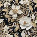 cream, ivory, black background, tatting lace, floral motifs, roses, leaves, vines, intricate lacework, delicate flowers, pearl accents, dimensional design, elegant pattern, vintage lace, ornate details,, fabric panel, botanical elements, layered petals, decorative swirls