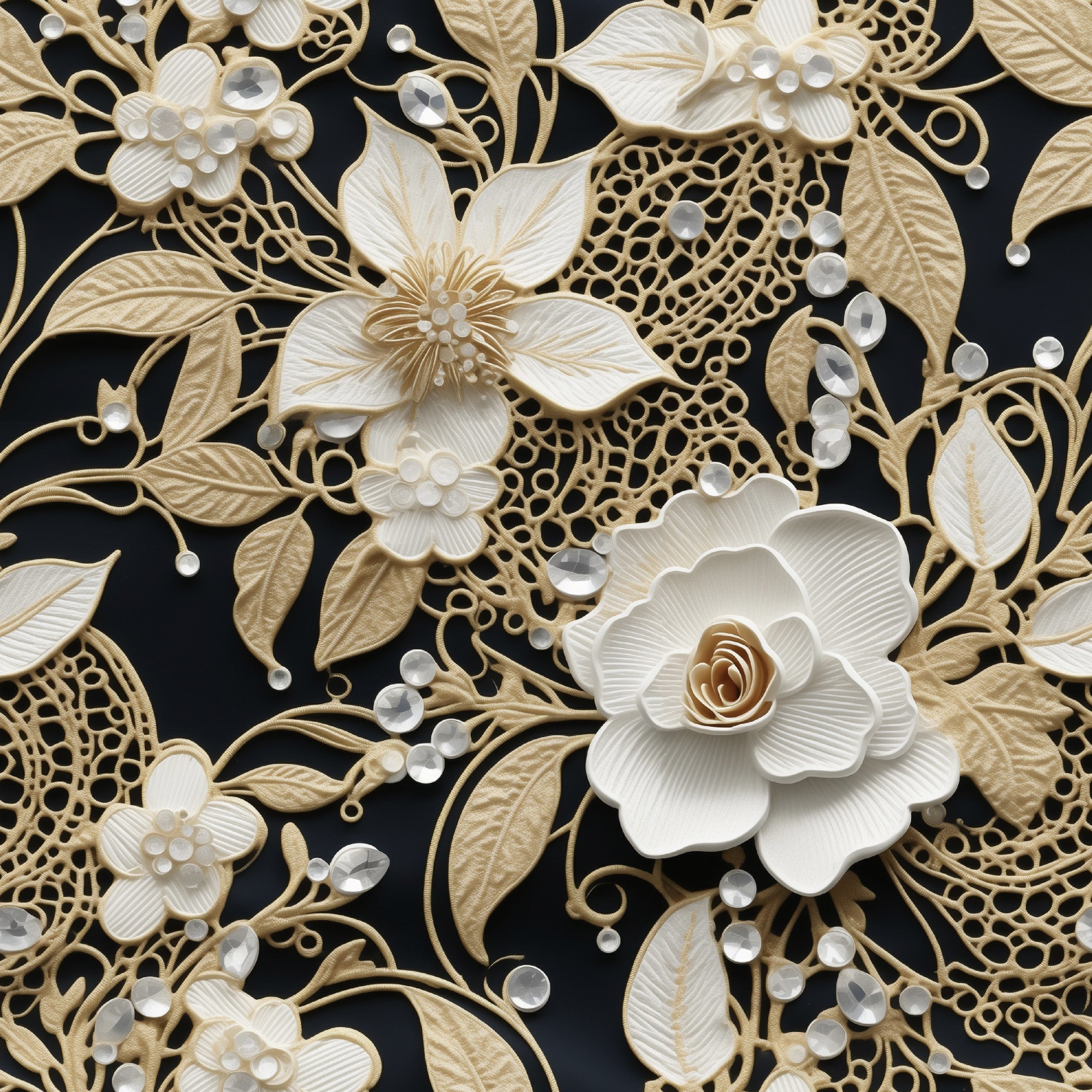 cream, ivory, black background, tatting lace, floral motifs, roses, leaves, vines, intricate lacework, delicate flowers, pearl accents, dimensional design, elegant pattern, vintage lace, ornate details,, fabric panel, botanical elements, layered petals, decorative swirls