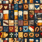 navy blue, cream, rust orange, burgundy red, golden yellow, heart motif, beer mug, pretzel, bavarian, german, beer and pretzels, plaid, geometric, folk art, vintage, rustic, traditional, whimsical, beer lover, octoberfest, pub theme, tavern, brewery, food and drink, culinary, kitchen decor, man cave, father's day, adult humor, retro