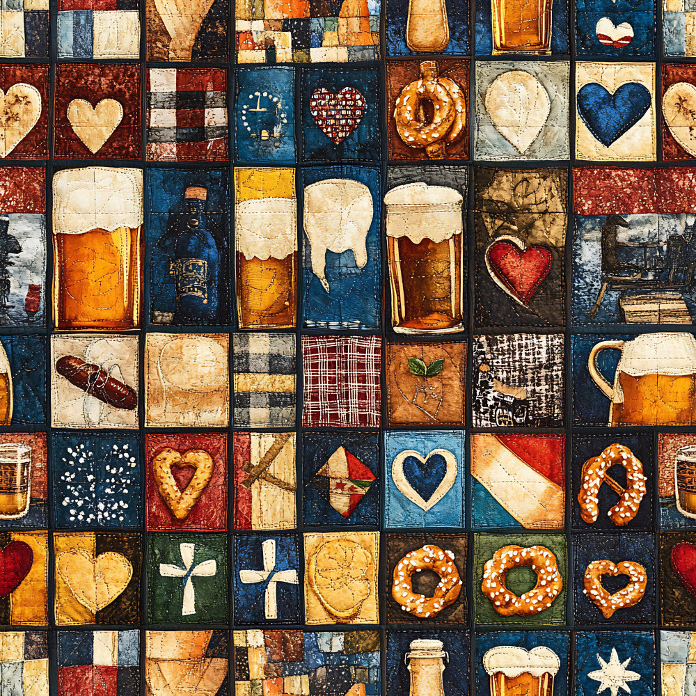 navy blue, cream, rust orange, burgundy red, golden yellow, heart motif, beer mug, pretzel, bavarian, german, beer and pretzels, plaid, geometric, folk art, vintage, rustic, traditional, whimsical, beer lover, octoberfest, pub theme, tavern, brewery, food and drink, culinary, kitchen decor, man cave, father's day, adult humor, retro